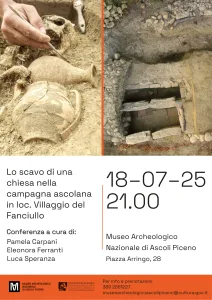 In alto due immagini degli scavi archeologici in località Villaggio del Fanciullo ad Ascoli Piceno; sotto i dettagli dell'evento.