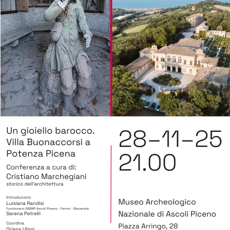 locandina dell'evento con una foto del teatrino degli automi e una a volo d'uccello di Villa Bonaccorsi